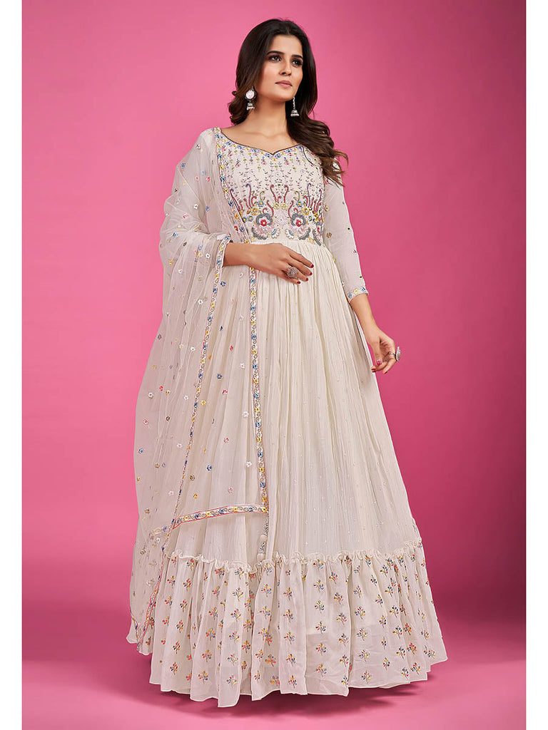 White Pure Georgette Embroidered Gown Clothsvilla