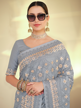 Load image into Gallery viewer, Grey Satin Georgette Saree With Unstitched Blouse Clothsvilla