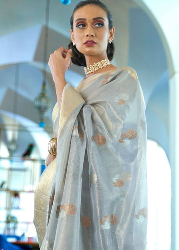Cloudy Grey Zari Woven Organza Silk Saree Clothsvilla