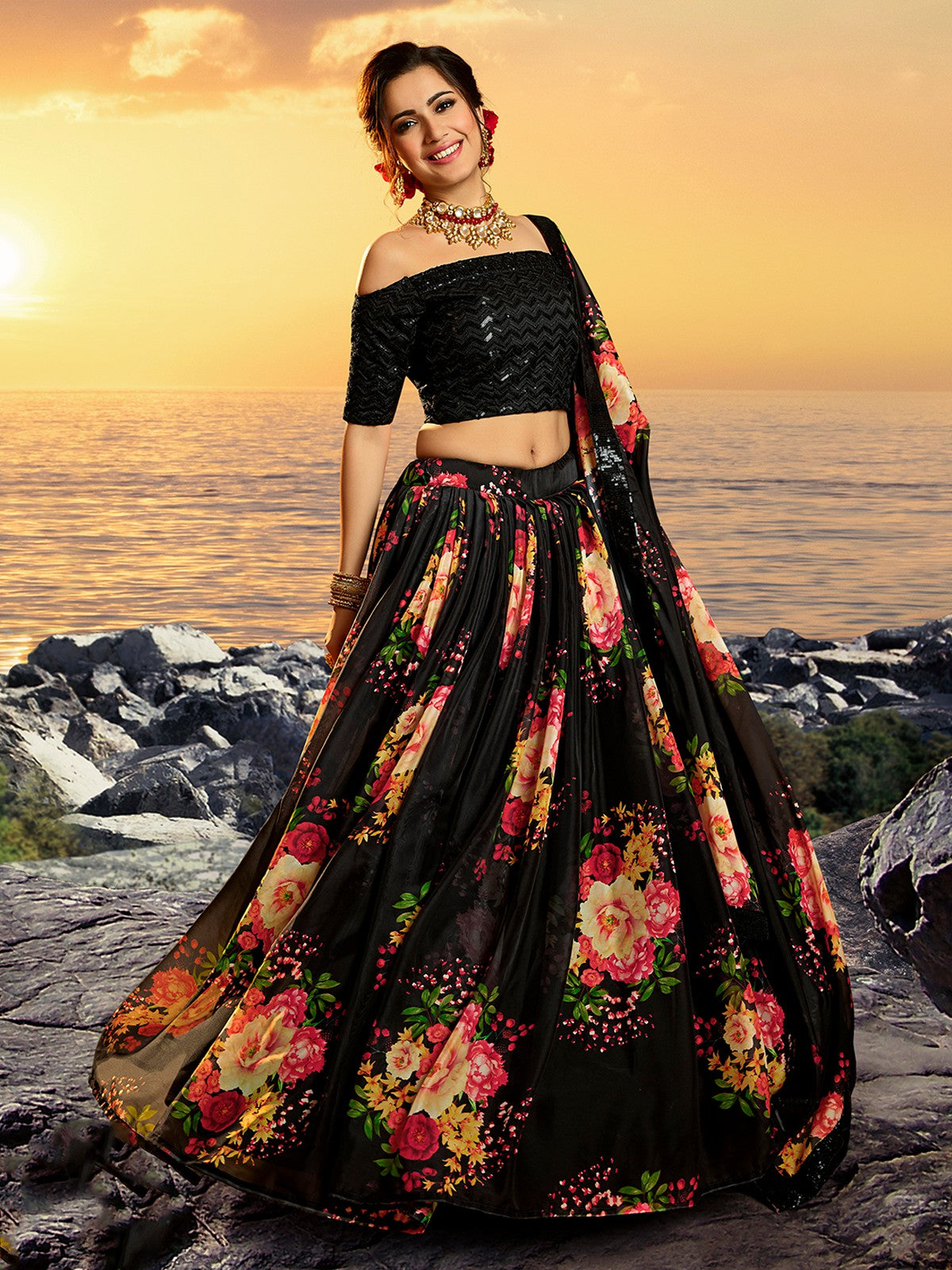 Black Classy Semi Stitched Lehenga With  Unstitched Blouse Clothsvilla