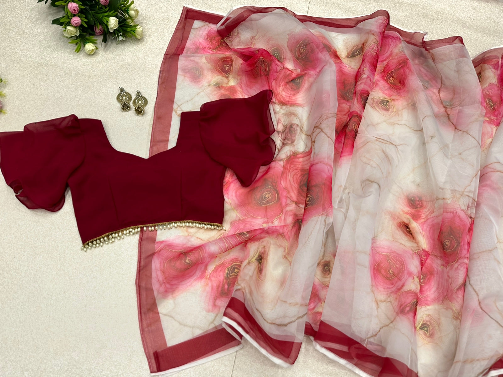 Mesmerizing  Maroon And White Flower Print Organza Silk Saree Clothsvilla