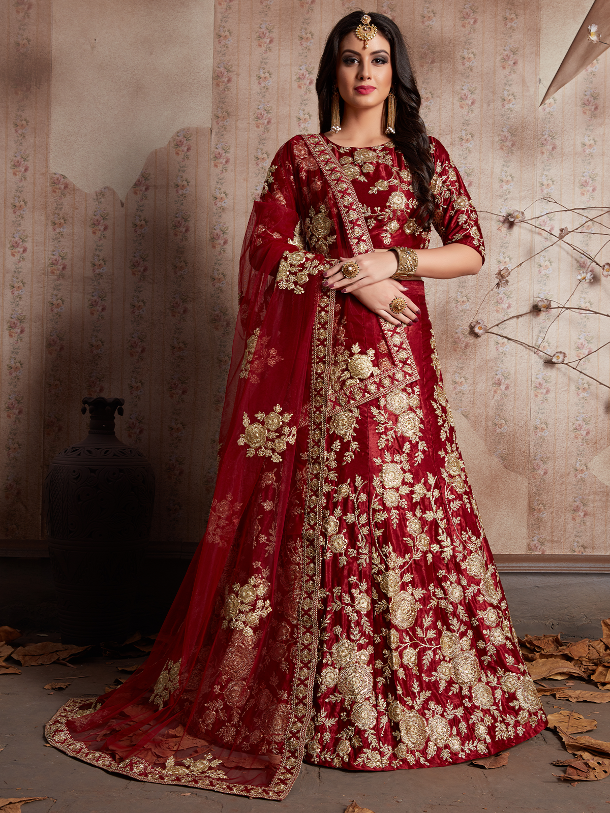 Maroon Embroidered Semi Stitched Lehenga With Unstitched Blouse Clothsvilla Main image