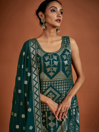 Teal Embroidered Georgette Partywear Stitched Kurta Set Clothsvilla