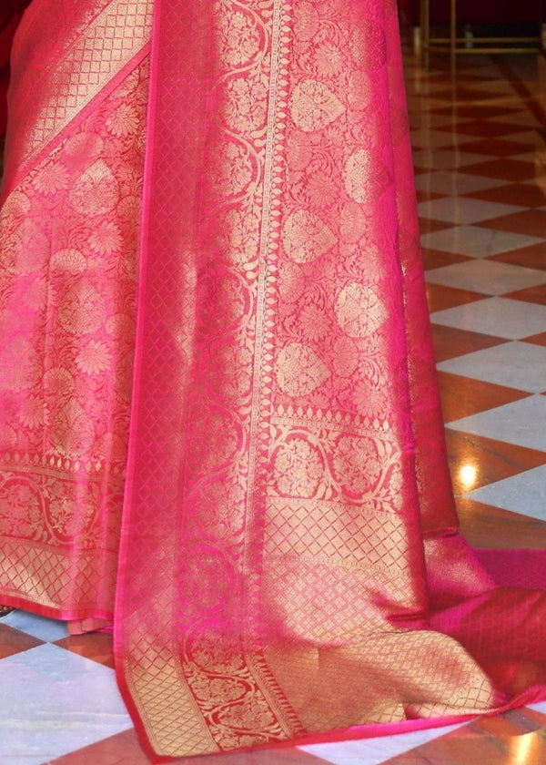 Hot Pink and Golden Blend Woven Kanjivaram Soft Silk Saree Clothsvilla