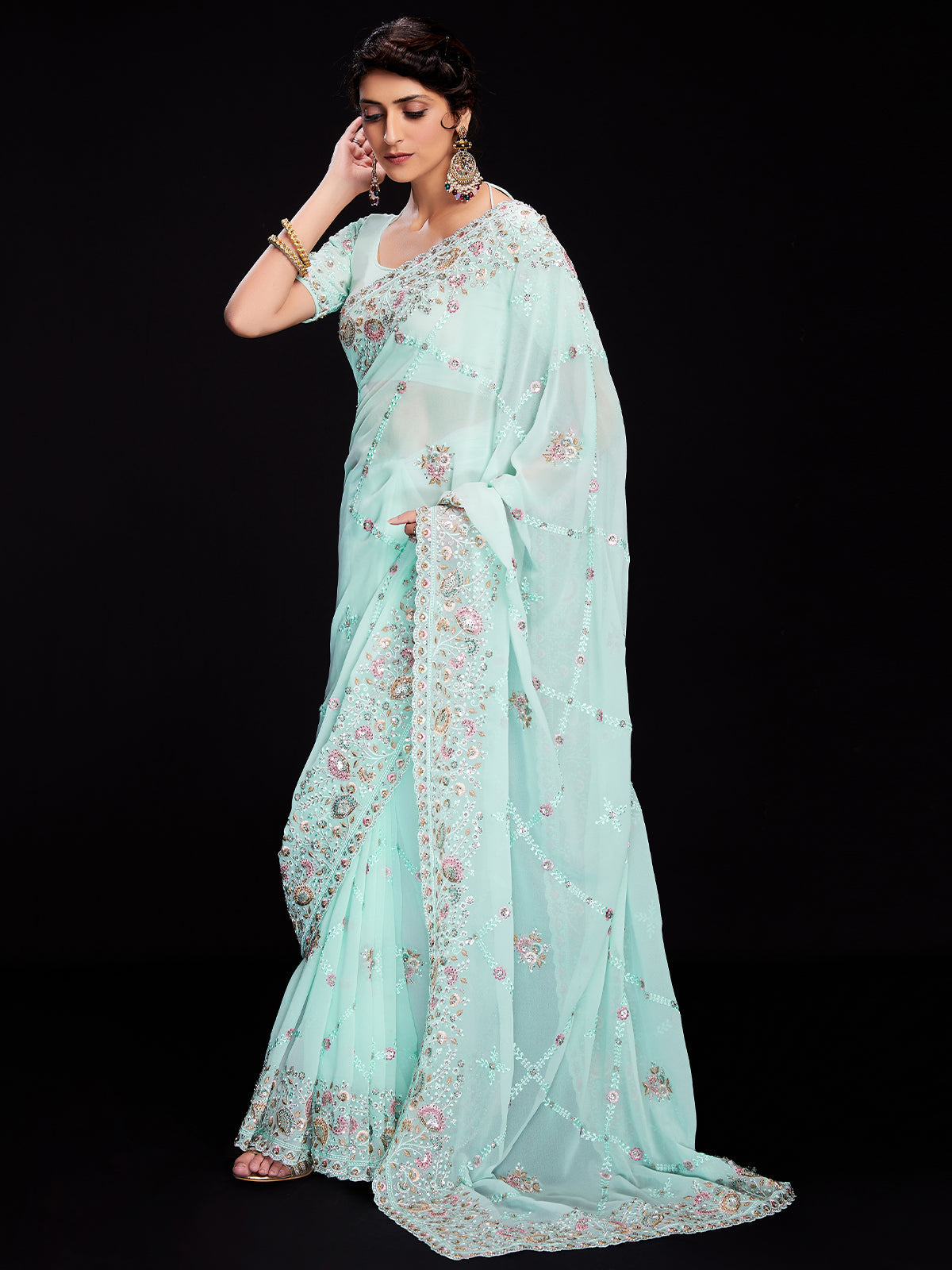 Blue Georgette Embroidered Saree With Unstitched Blouse Clothsvilla