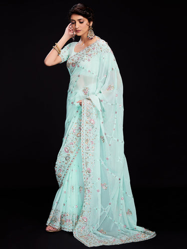 Blue Georgette Embroidered Saree With Unstitched Blouse Clothsvilla