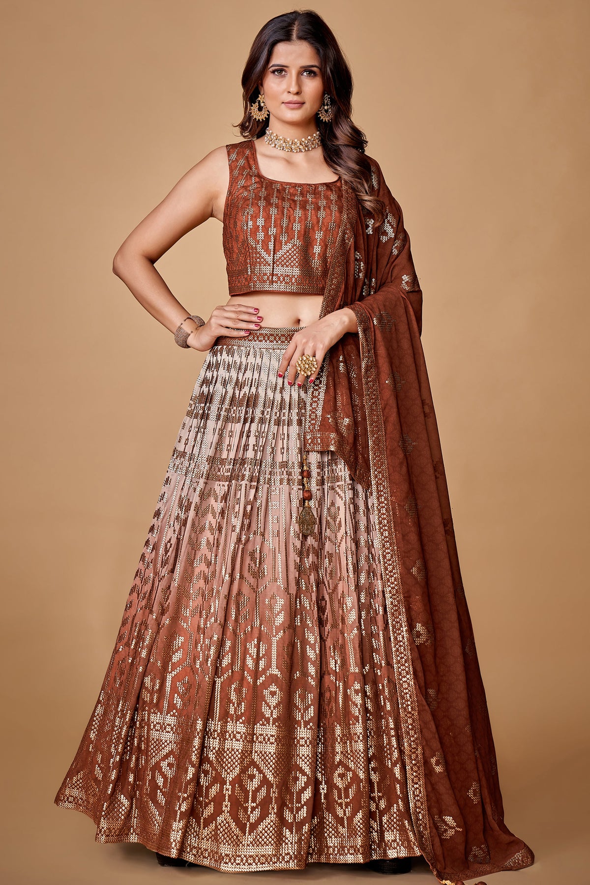 Brown Sequins Work Georgette Wedding Wear Lehenga Choli Clothsvilla Main image