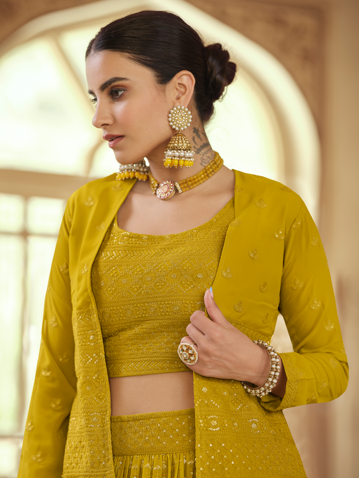 Mustard Embroidered Georgette Semi Stitched Lehenga With Unstitched Blouse Clothsvilla