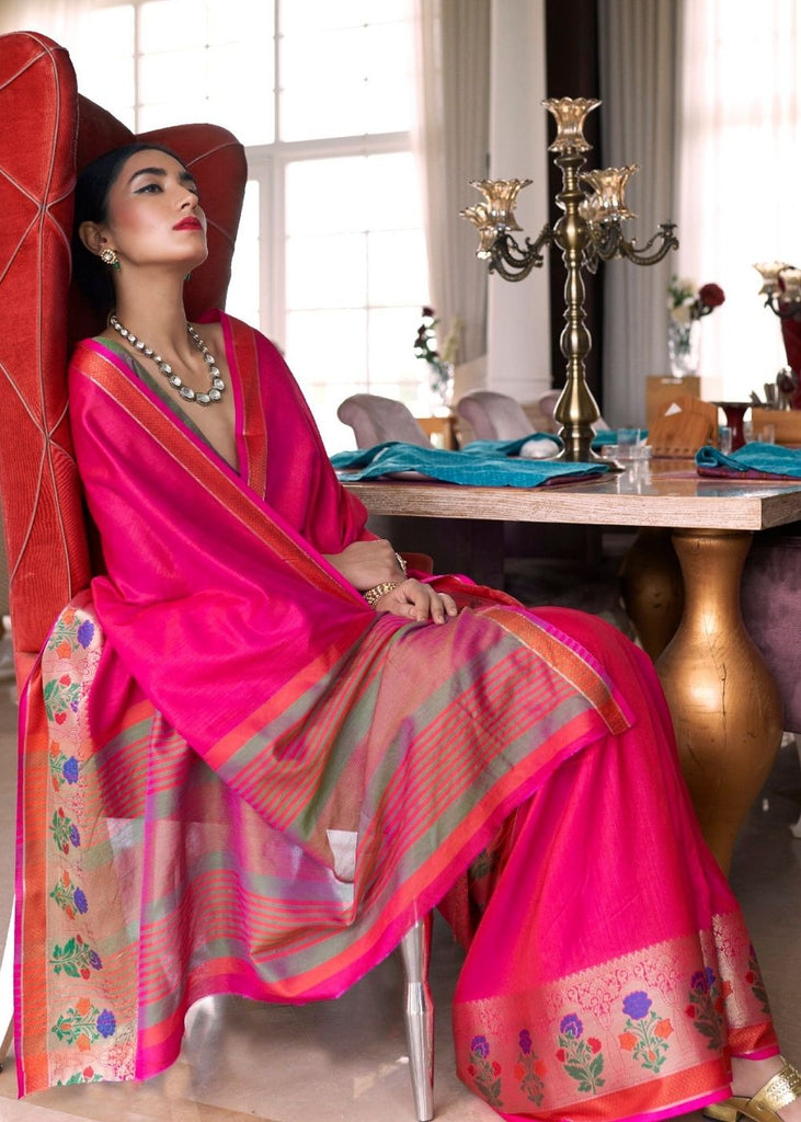 Hot Pink Handloom Weave Silk Saree Clothsvilla