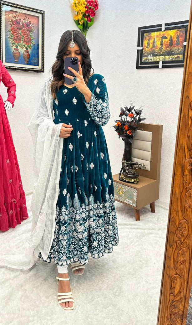 Teal Blue Color Embroidery Sequence Work Designer Velvet Gown Clothsvilla