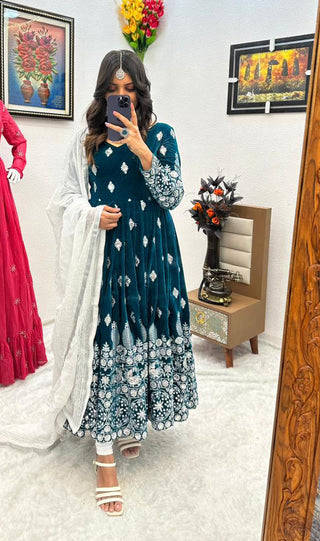 Teal Blue Color Embroidery Sequence Work Designer Velvet Gown Clothsvilla