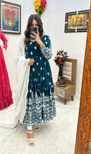 Load image into Gallery viewer, Teal Blue Color Embroidery Sequence Work Designer Velvet Gown Clothsvilla