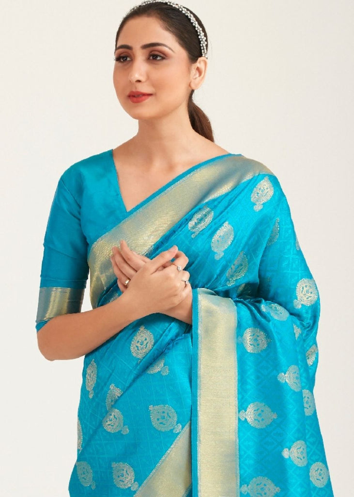 Olympic Blue Zari Butta Woven Banasari Silk Saree Clothsvilla