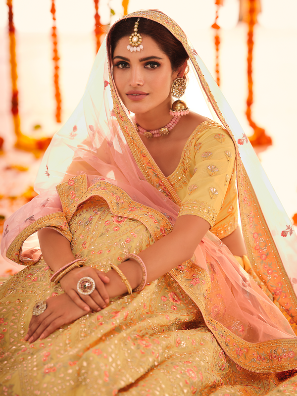 Yellow Embroidered Organza Semi Stitched Lehenga With Unstitched Blouse Clothsvilla
