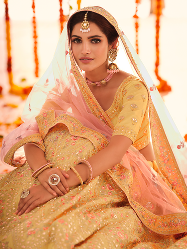 Yellow Embroidered Organza Semi Stitched Lehenga With Unstitched Blouse Clothsvilla