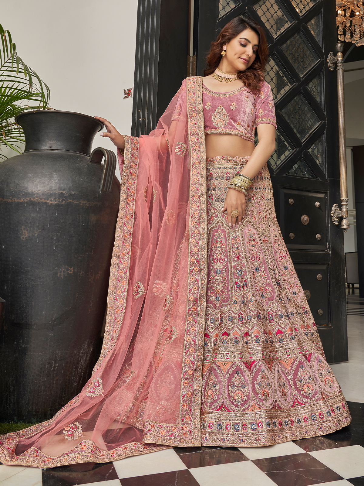 Lilac Velvet Semi Stitched Lehenga With Unstitched Blouse Clothsvilla
