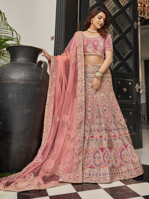 Lilac Velvet Semi Stitched Lehenga With Unstitched Blouse Clothsvilla