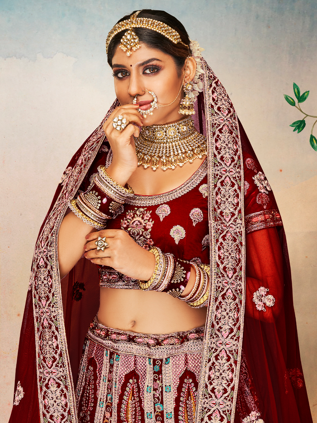 Maroon Velvet Semi Stitched Lehenga With Unstitched Blouse Clothsvilla
