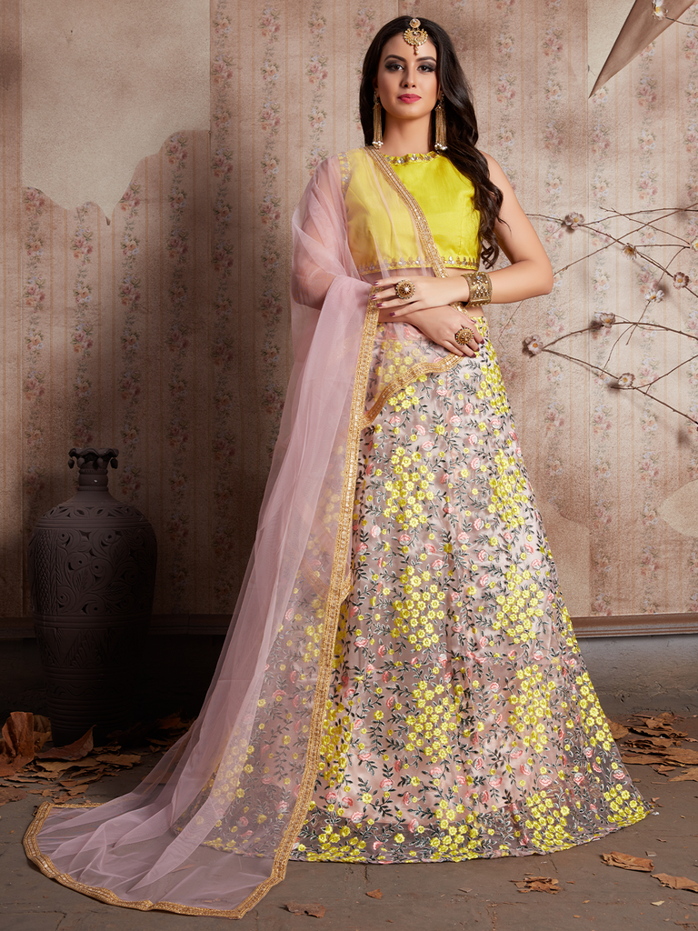 Attractive Peach & Yellow Lehenga Choli | AalayaaOnline