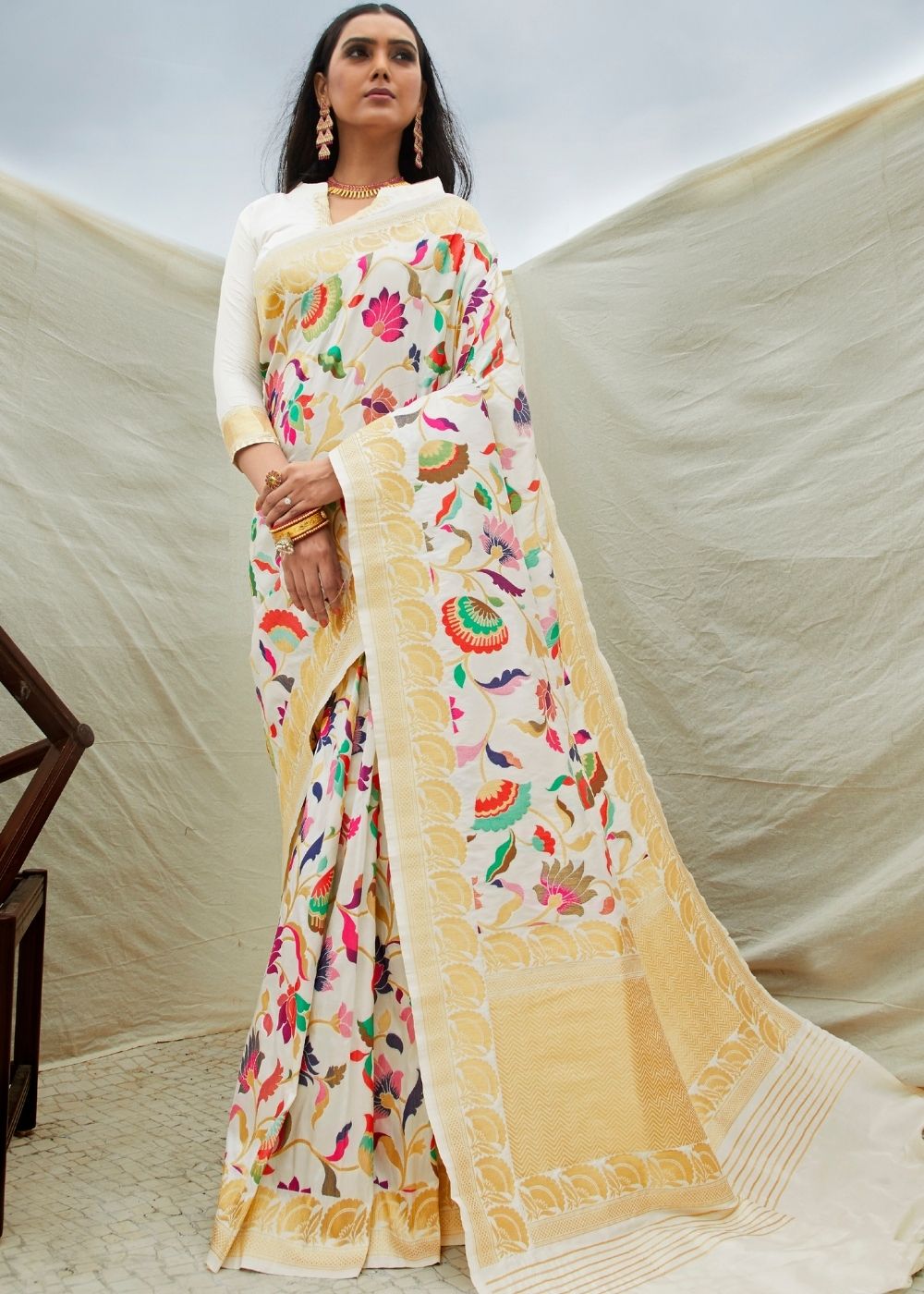 Off White Silk Floral Woven Saree Clothsvilla Main image