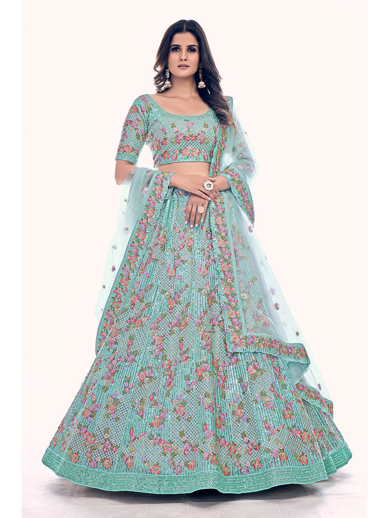 Firozi Soft Net Embroidered Designer Lehenga Choli Clothsvilla