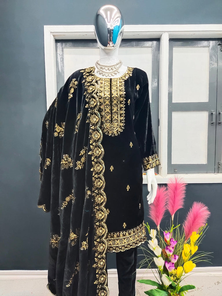 Fashionable Velvet Black Color Salwar Suit Clothsvilla