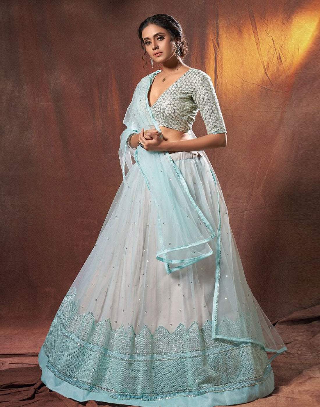 Lehenga Choli in Soft Net Fabrics with Resham Work and Grey Color ClothsVilla