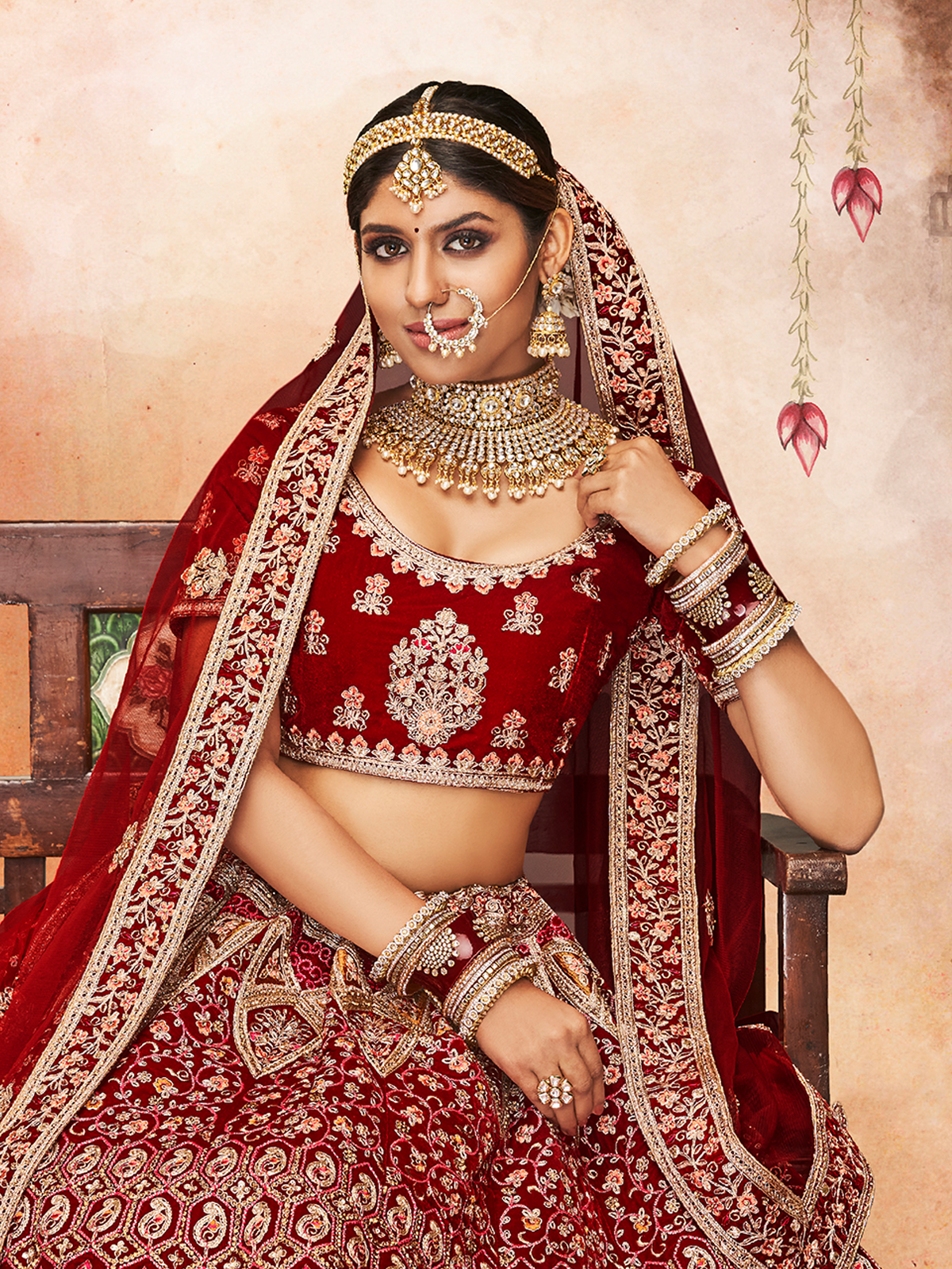 Maroon Embroidered Velvet Semi Stitched Lehenga With Unstitched Blouse Clothsvilla