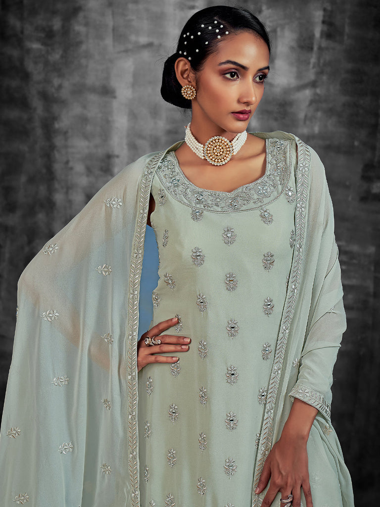 Classic Embroidered Green Georgette Stitched Kurta Set Clothsvilla