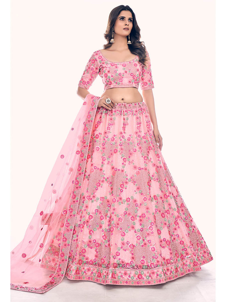 Peach Soft Net Embroidered Designer Lehenga Choli Clothsvilla