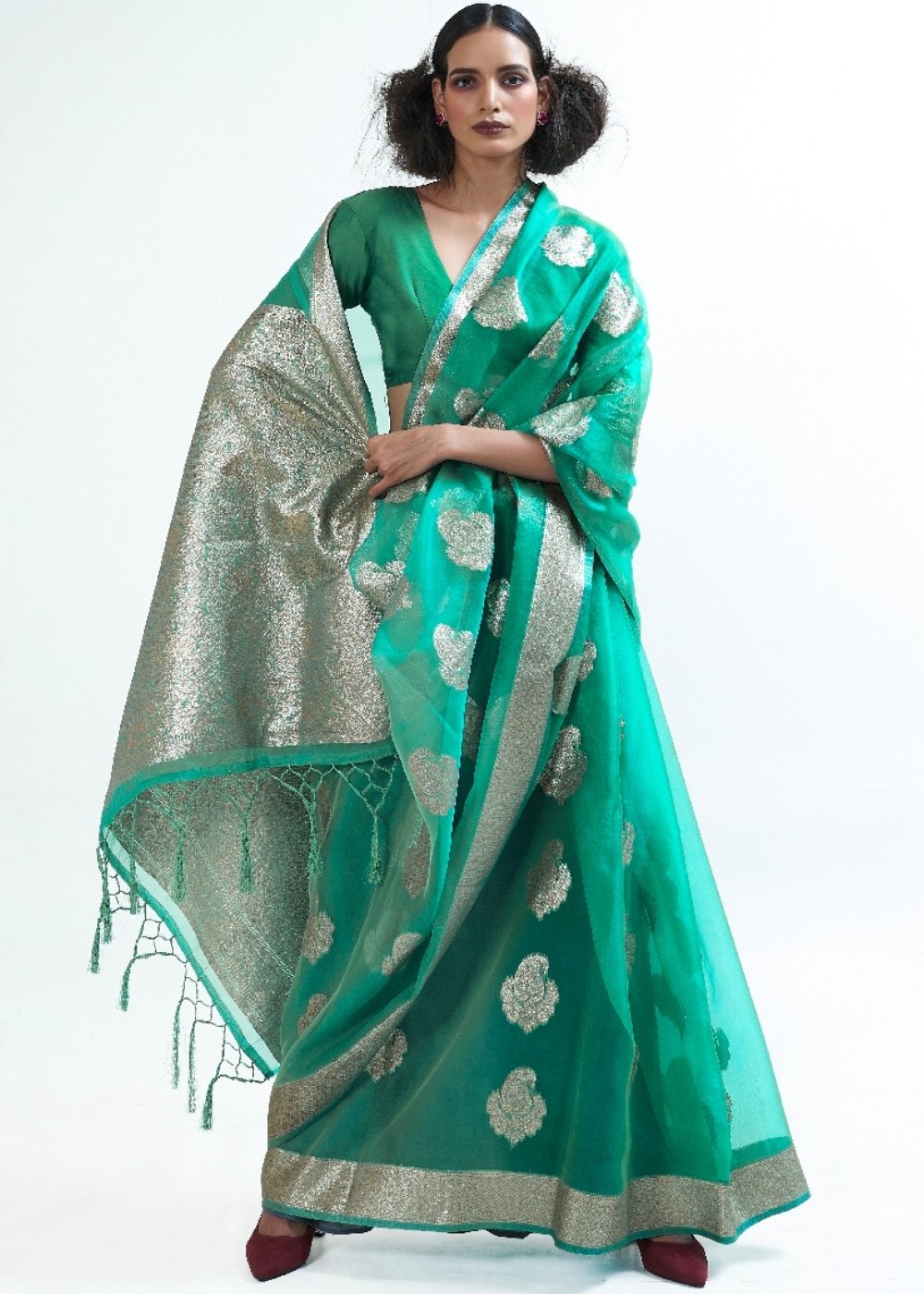 Jade Green Designer Woven Organza Silk Saree Secondary image