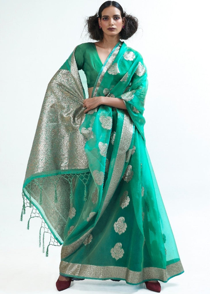 Jade Green Designer Woven Organza Silk Saree Clothsvilla