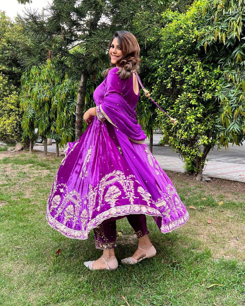 Stylish Purple Color Embroidery Work Velvet Gown Clothsvilla