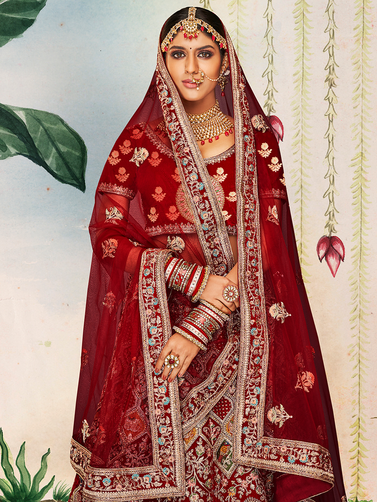 Maroon Embroidered Velvet Semi Stitched Lehenga With Unstitched Blouse Clothsvilla