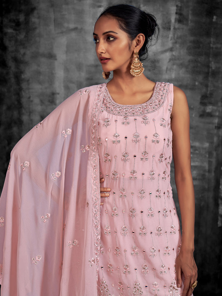 Pink Embroidered Georgette Partywear Stitched Kurta Set Clothsvilla