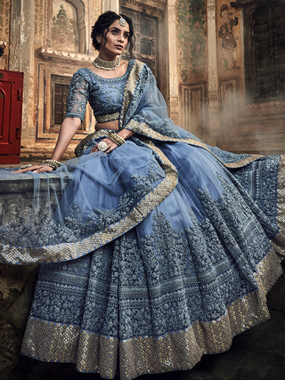 Grey Embroidered Soft Net Semi Stitched Lehenga With Unstitched Blouse Clothsvilla