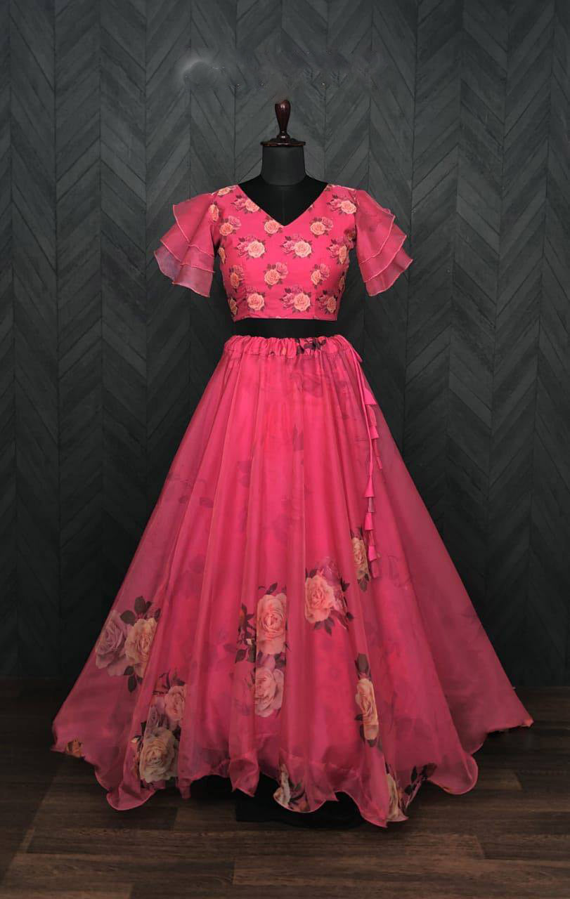 Full-Stitched Flower Print Pink Top With Lehenga Main image