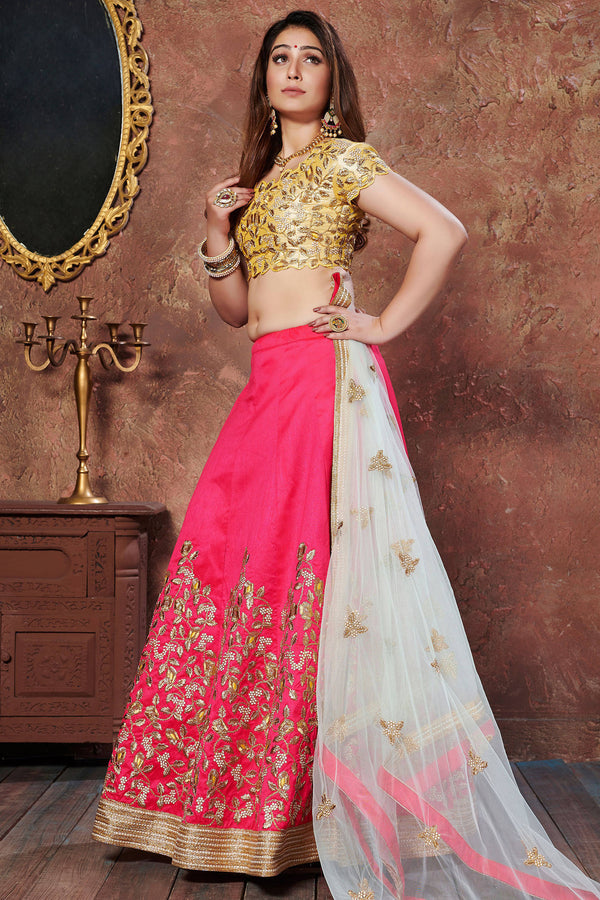 Stunning Hot Pink Thread Embroidered Mulberry Silk Bridal Lehenga Choli ClothsVilla