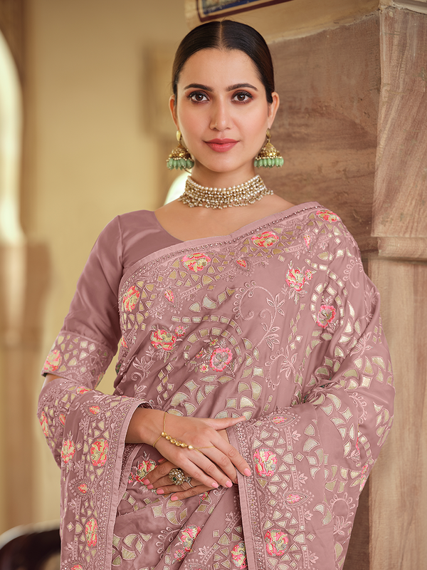 Lilac Satin Georgette Saree With Unstitched Blouse Clothsvilla