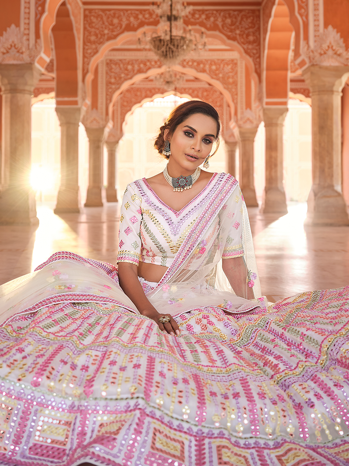 White Embroidered Organza Semi Stitched Lehenga With Unstitched Blouse Clothsvilla