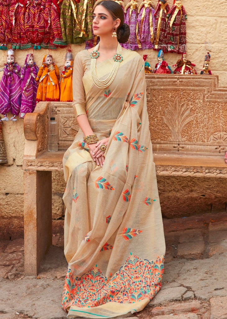 Beige Linen Silk Saree with Colorful Weaving work Clothsvilla