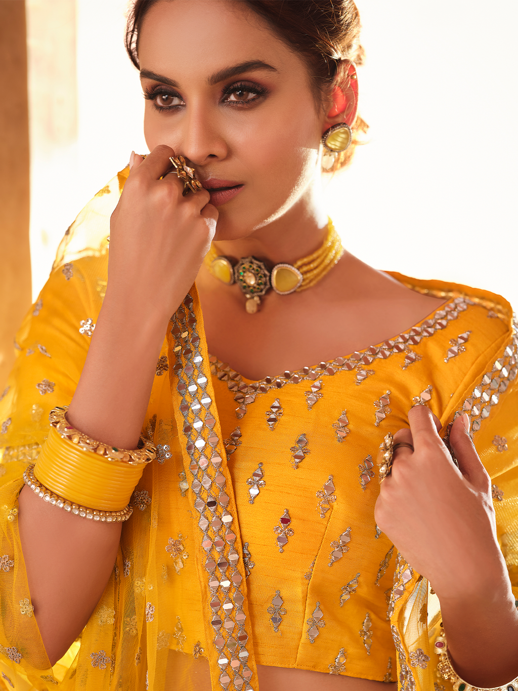 Mustard Embroidered Art Silk Semi Stitched Lehenga With Unstitched Blouse Clothsvilla
