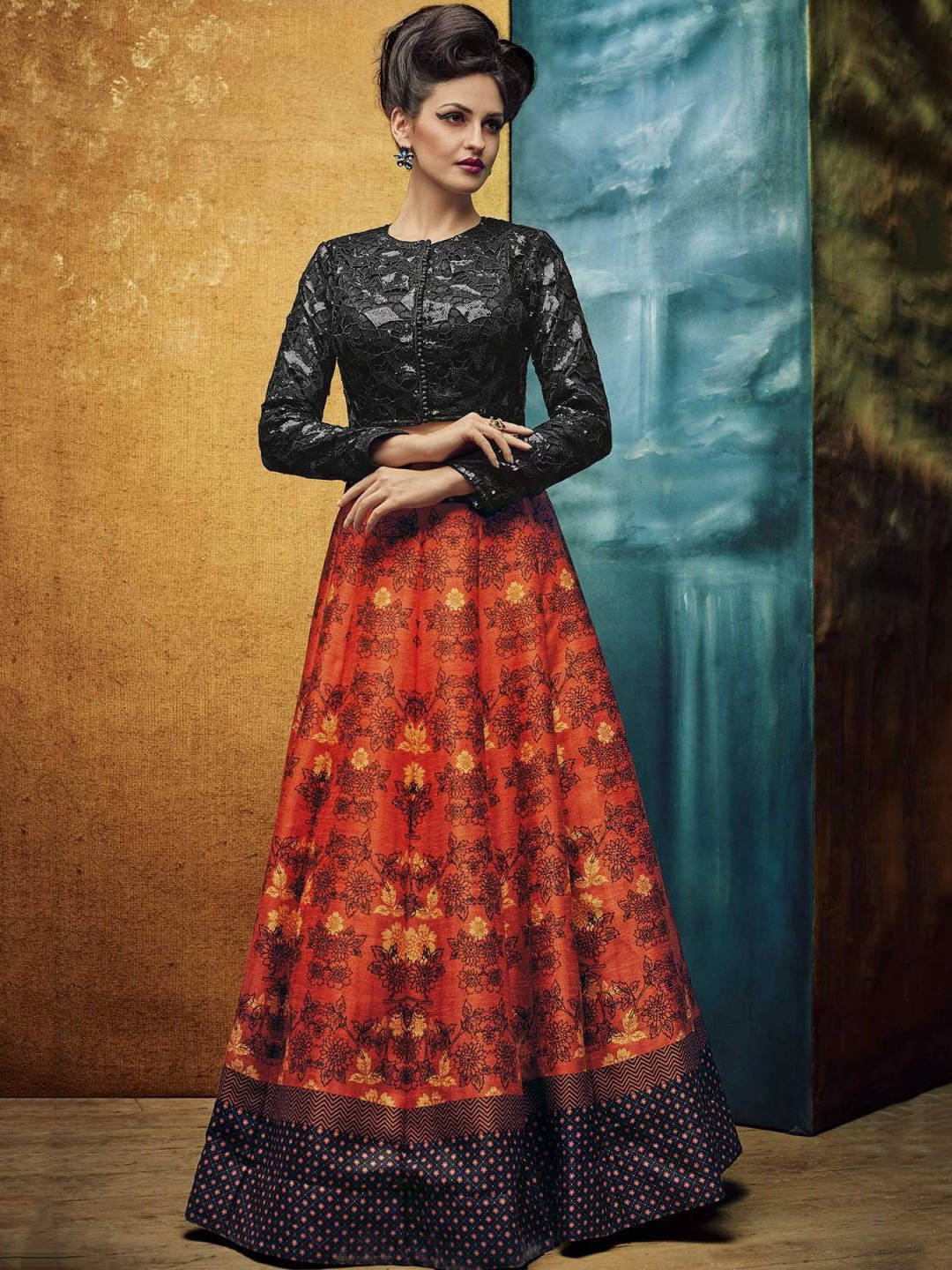 Orange and Black Color Partywear Silk Lehenga Choli ClothsVilla