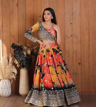 Stylist Multi Color Lehenga Choli With One Side Sleeve Shrug Clothsvilla