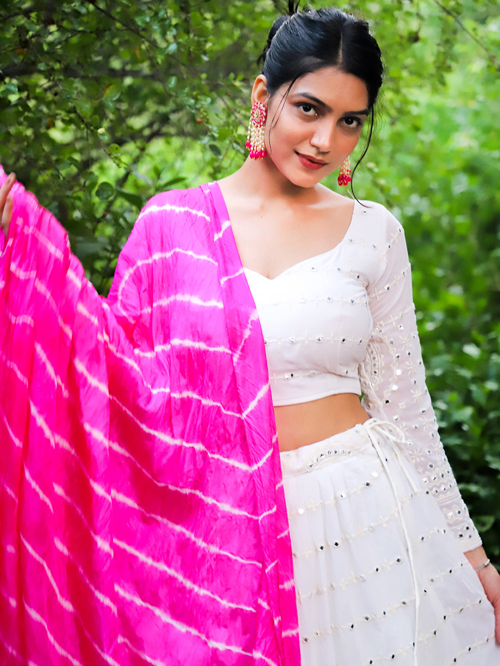 White Color Georgette Lucknowi Work Latest Lehenga Choli With Bandhej Dupatta Clothsvilla