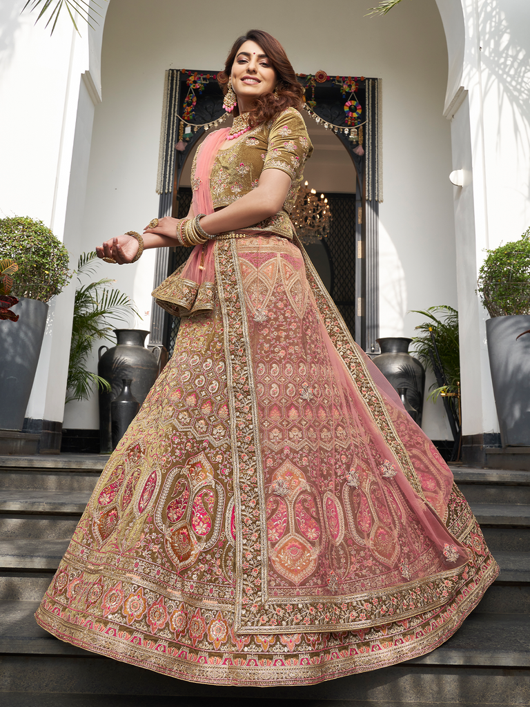 Olive Green Velvet Semi Stitched Lehenga With Unstitched Blouse Clothsvilla