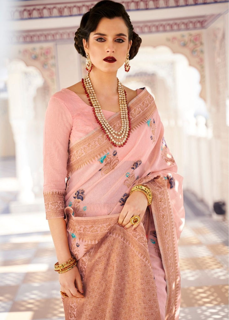 Salmon Pink Linen Woven Silk Saree with Zari work on Border and Pallu Clothsvilla