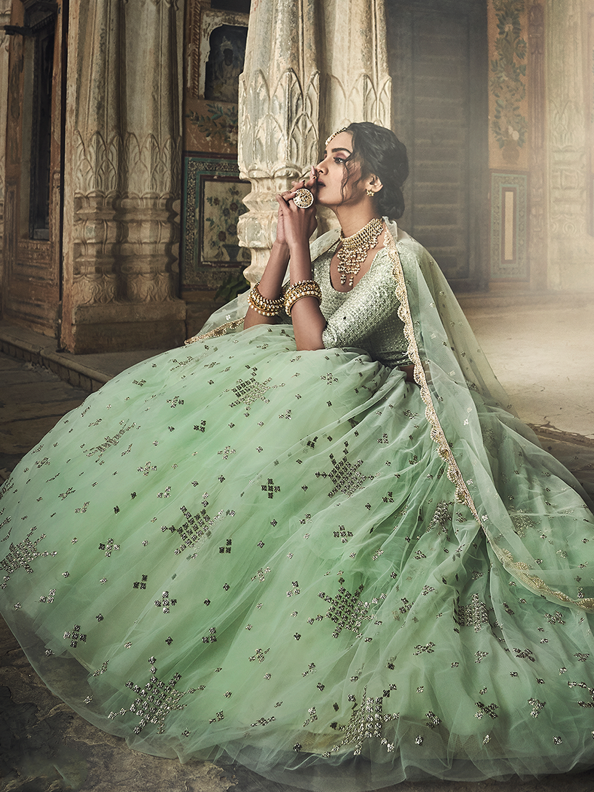 Sea Green Sequins, Zari Semi Stitched Lehenga With Unstitched Blouse Clothsvilla