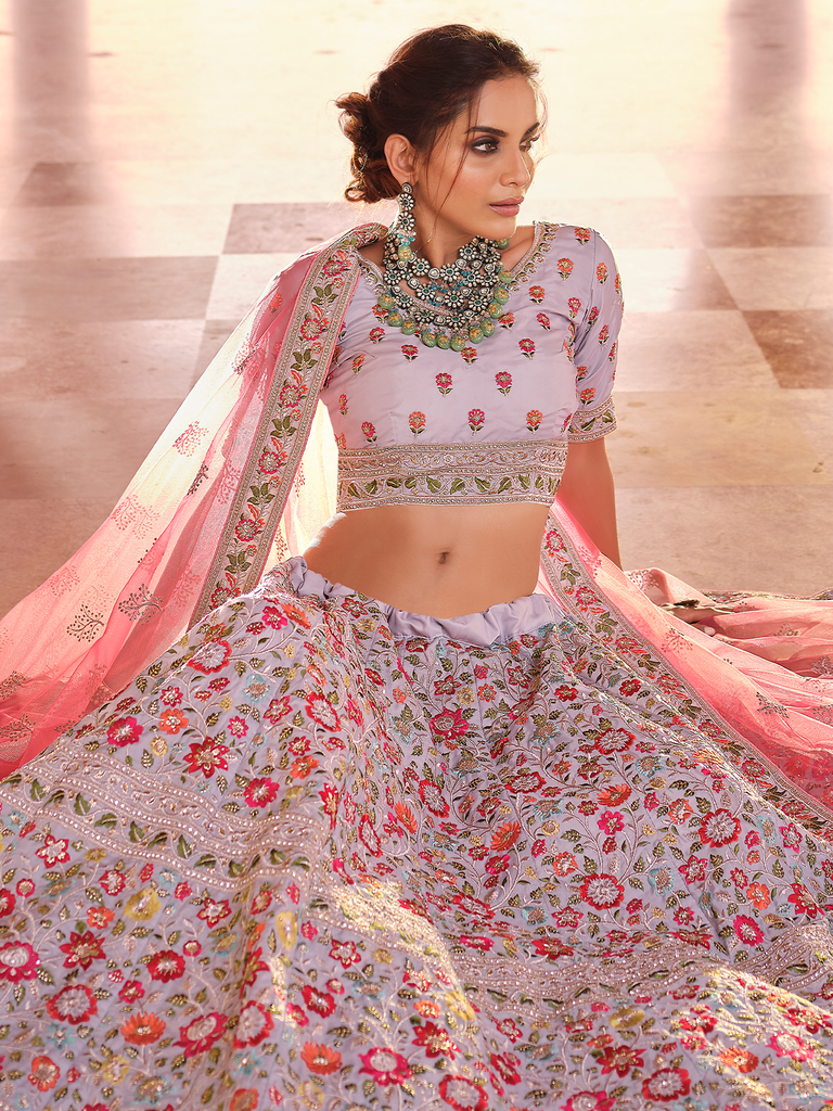 Grey Embroidered Crepe Semi Stitched Lehenga With Unstitched Blouse Clothsvilla