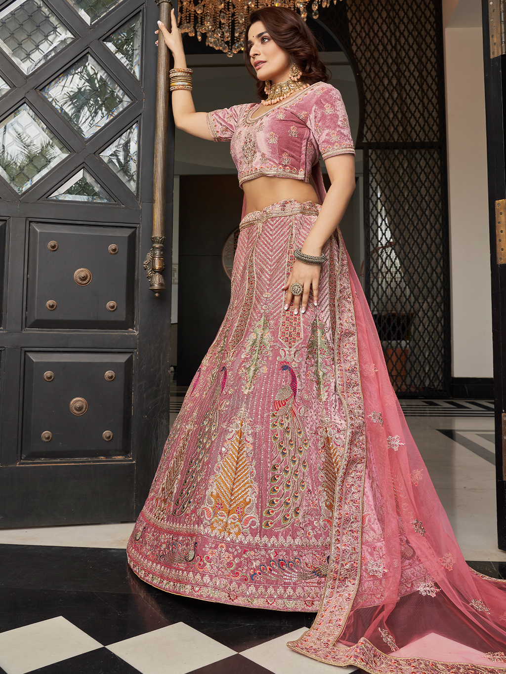 Lilac Velvet Semi Stitched Lehenga With Unstitched Blouse Clothsvilla